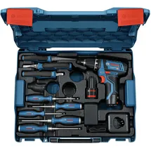 Bosch GSR 12V-15 Professional inkl. 2 x 2,0 Ah + Ladegerät + Handwerkzeuge + L-Boxx 060186810R
