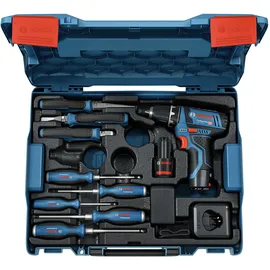 Bosch GSR 12V-15 Professional inkl. 2 x 2,0 Ah + Ladegerät + Handwerkzeuge + L-Boxx 060186810R