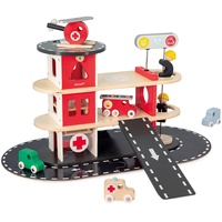 Janod Holz-Spielset Bolid Feuerwehrstation in rot