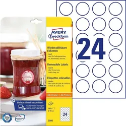 Avery Zweckform Avery 5080, Weiß, Kreis, Entfernbar, A4, Papier, Universal