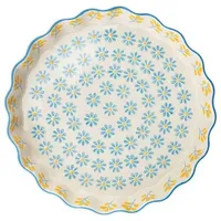 Tranquillo Quicheform aus Steinzeug mit handgestempeltem Print Floral blau/gelb, Ø22 x 4 cm