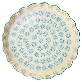 Tranquillo Quicheform aus Steinzeug mit handgestempeltem Print Floral blau/gelb, Ø22 x 4 cm
