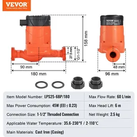 Vevor Heizungspumpe 6 m Förderhöhe, Umwälzpumpe, 220 V, 45 W, 60 L/min, hocheffiziente Umwälzpumpe, automatische Wasserumwälzpumpe, 1-1/2 Zoll...