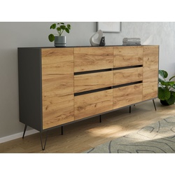 Sideboard Kommode Yako 200cm Greifraum 6 SoftClose 2 Türen Grafit/Eiche Front