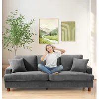 Kidirect 221CM Sofa, Bequemes Cord-Sofa Couch 53CM Extra Tiefe Sitze, Sofa Wohnzimmer Werkzeugfreie Montage, Big Sofa 3 Sitzer mit 2 Kissen, Modernes Couch fürs Büro/Schlafzimmer (Grau)