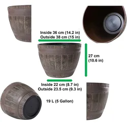 Jinfa 2 Blumenkübel aus Kunststoff in Holzoptik | Farbe: Eiche | Design: Weinfass | Ø 38 cm