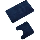 WohnDirect Badematten Set - WC Vorleger (45x45cm), Badematte (50x80cm) - rutschfest waschbar Badezimmerteppich MIT WC-Ausschnitt - Dunkelblau