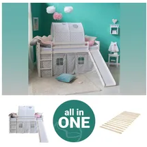 Homestyle4u Hochbett 90 x 200 cm Kiefer massiv weiß grau