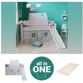 Homestyle4u Hochbett 90 x 200 cm Kiefer massiv weiß grau