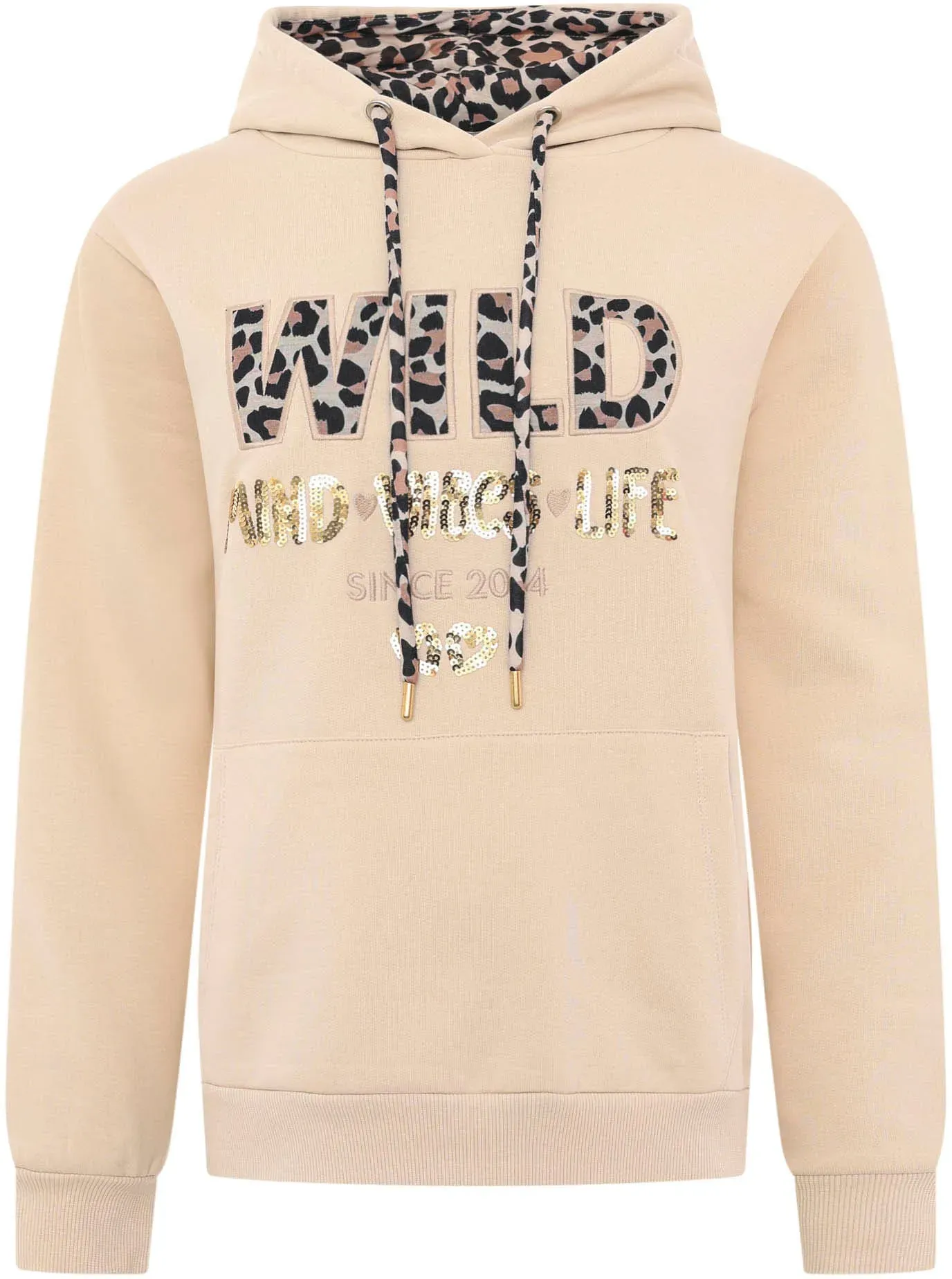 Zwillingsherz Hoodie »"Wild Free"«, mit Paillettenschriftzug und Details in moderner Leo-Optik Zwillingsherz beige S/M