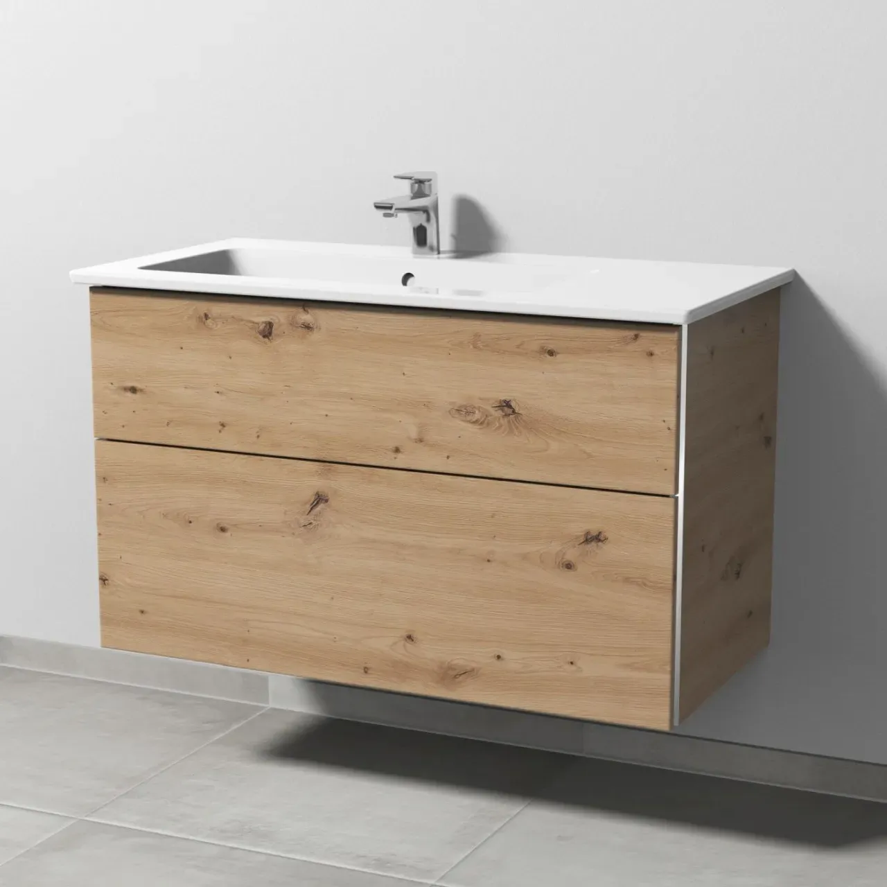 Sanipa 3way Keramik-Set Venticello Keramik-Waschtisch und Unterbau mit 2 Auszügen, Eiche Natural-Tou BR32585