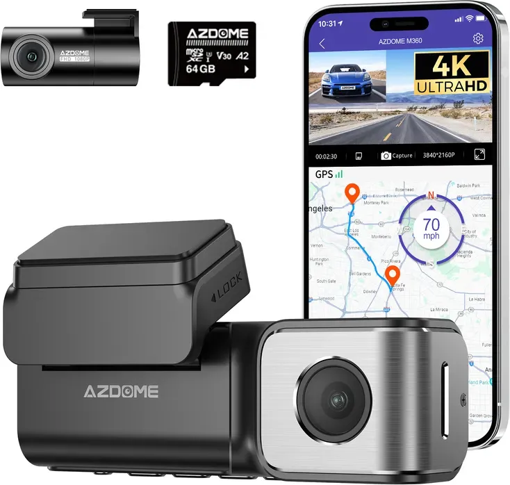 [69,99 € nach Rabatt] AZDOME M360 Dashcam vorne & hinten 4K + FHD, 5-GHz-WLAN, GPS, ADAS, englische Sprachsteuerung, Super-Nachtsicht, WDR