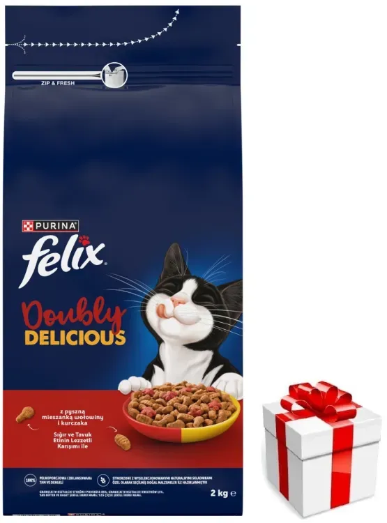 Felix Doubly Delicious Karma für ausgewachsene Katzen mit einer köstlichen Mischung aus Rind und Huhn 2kg + Überraschung für die Katze
