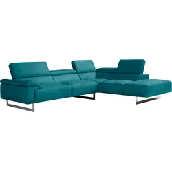 Ecksofa EGOITALIANO "Malika", blau (teal), B:300cm H:94cm T:107cm, Sofas, mit Ottomane, inkl. Kopfteilverstellung und chromfarbenen Metallfüßen