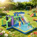 8-in-1 Aufblasbar Hüpfburg Mit Hai-design Gebläse Rutsche Planschbecken Trampolin Für 3–8 Jahre 405x345x235cm Mehrfarbig