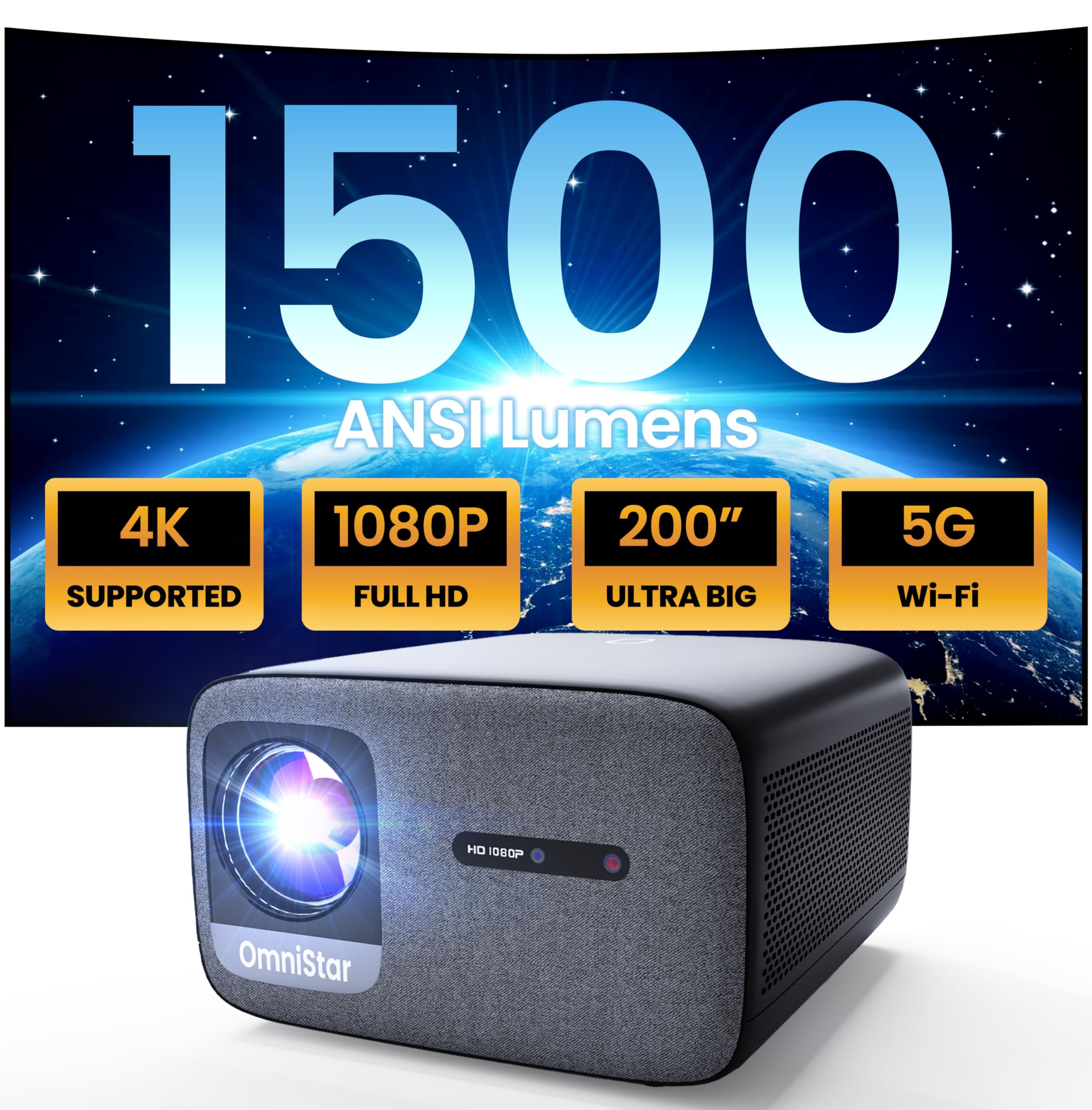 OmniStar L80 Beamer, 1500 ANSI Lumen, Heimkino Video Beamer Full HD 1080P, 4K-Unterstützt, Autofokus/Trapezkorrektur, 30W Lautsprecher, 5G WiFi Bluetooth Projektor Kompatibel mit Smartphone/HDMI/USB