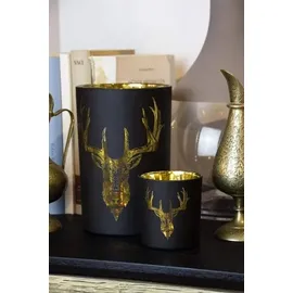 Edzard Windlicht Lio, Höhe 18 cm, Hirsch-Motiv, außen matt schwarz/innen Gold - Teelichthalter, Teelichtglas