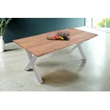 Esstisch Baumkante Akazie massiv eichenfarben 120 x 80 X-Gestell silber DEREK - Naturbelassen