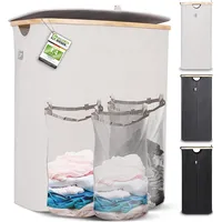HENNEZ Wäschebox 150L - Wäschekorb 3 Fächer - Deckel - Wäschesortierer mit Wäschesack - Laundry Baskets - beige Bambus - Wäschetonne - Wäsche Sortiersystem - Wäschesammler