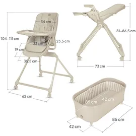 lionelo Maddie Set Hochstuhl Baby 3-in-1 mit 360° Drehfunktion, Kinderhochstuhl mit Liegefunktion als Babywippe & Beistellbett, Höhenverstellbar, 5-Punkt-Gurt, Klappbar, Rollen, Pflegeleicht, ab Gebur