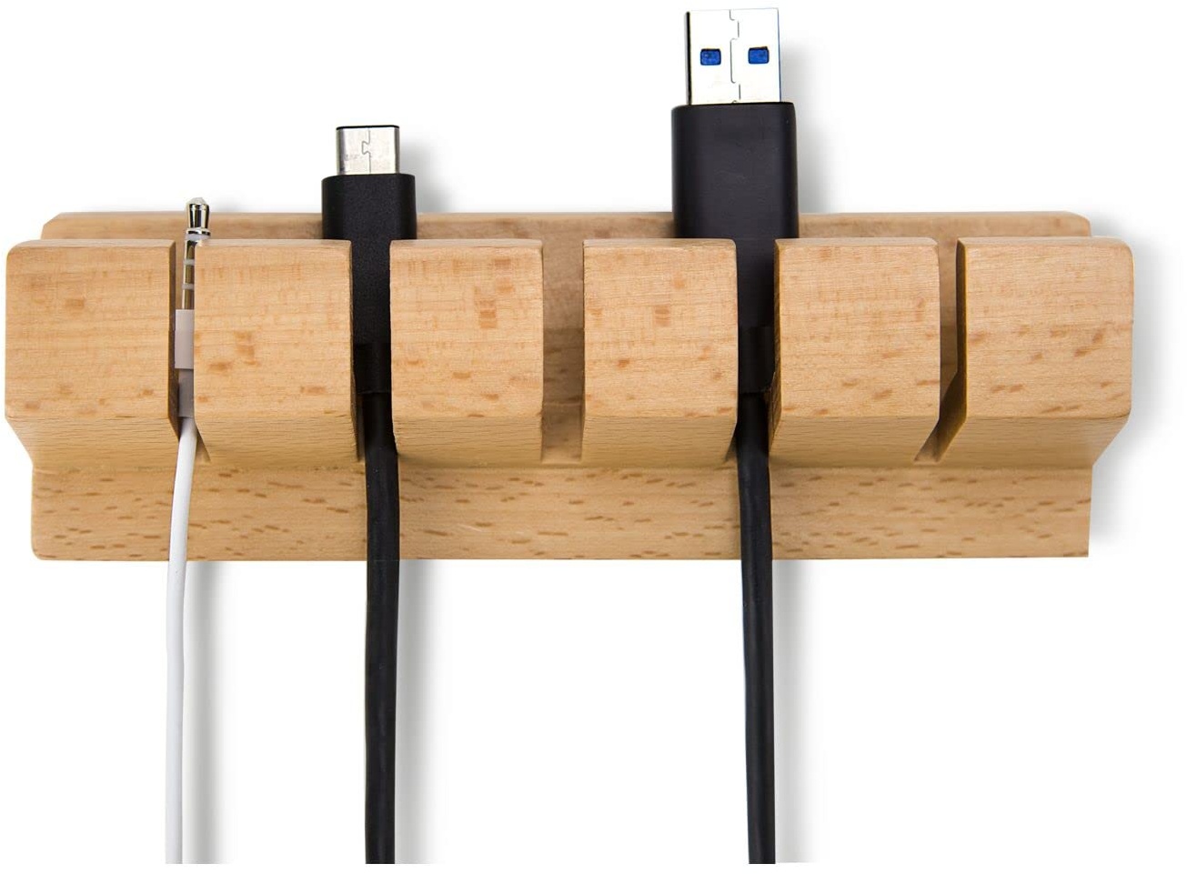 ROMINOX Geschenkartikel Kabelhalter // Ordo, Schreibtisch Kabel-Organizer mit 5 Halterungen in 3 Breiten, USB-, LAN- oder HDMI-Kabel, Ladekabel oder Audio-Kabel, Buchenholz; ca. 13,9 × 4 × 3 cm