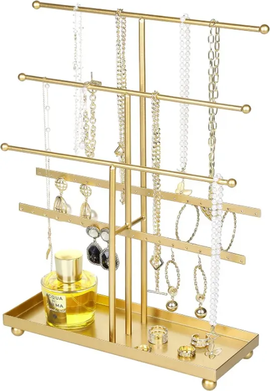 MyGift 5-stufiger Schmuckorganizer aus Goldmetall mit Ohrringhaken & Ringablage - T-Bar für knotenfreie Halsketten- und Armbandpräsentation - Zuhause Geschäft Boutique (41,3 cm H)