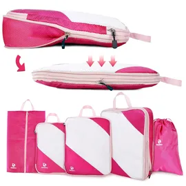 AiQInu Packing Cubes Compression, 5 Stück Packtaschen Kompression Koffer Organizer Set mit Wäschebeutel und Schuhbeutel Ultraleicht, Erweiterbar, Reisepack Organizer für Handgepäck (Rosa)