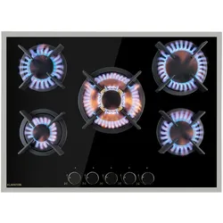 Klarstein Goldflame 5 Prime Gaskochfeld 5-flammig Messing-Brenner Glaskeramik Schwarz / Silber-Metallic