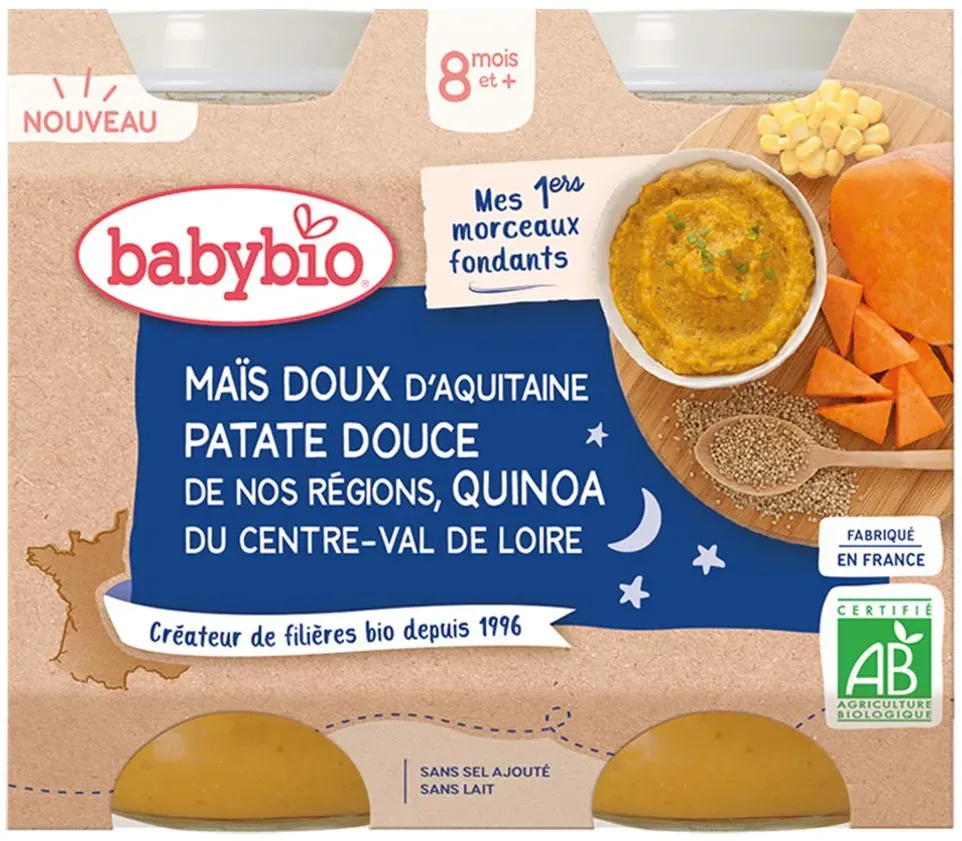 Babybio MAÏS DOUX D'AQUITAINE PATATE DOUCE DE NOS RÉGIONS QUINOA DU CENTRE-VAL DE LOIRE dès 8 mois 400 g Aliment