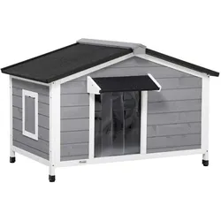 PawHut Hundehütte mit zu öffnendem Asphaltdach grau, weiß 109L x 79B x 72H cm