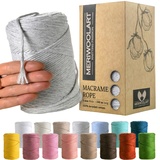 MeriWoolArt® Makramee Garn Grau - Makramee Garn 3mm farbig 200m - Super weiches Garn, einfach gedrehte Makramee Schnur - Öko-Tex 100% recyceltes Baumwollgarn farbig - DIY Boho Deko Makramee