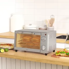 Homcom Minibackofen 9L Mini Ofen mit Backblech, Grillrost, 100 °C-230 °C, mit einstellbar Temperatur und Garzeit, 60 Min. Timer, 750W, Edelstahl,