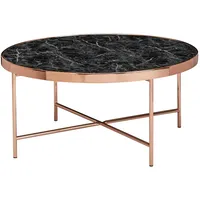 KADIMA DESIGN Moderne runde Marmor-Optik Glasplatte Couchtisch mit Kupferdesign Metallgestell, Ø82,5 cm x 40 cm.