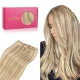 WENNALIFE Tressen Extensions Echthaar, 40cm 80g Hellblond Highlights Goldblond Tressen Echthaar zum Einnähen Echthaar Extensions Tressen Weft Haarverlängerung Echthaar Tressen Sew In Hair Extensions