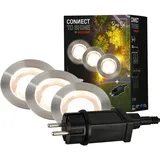 Briloner - Connect to Shine 12V Gartensystem 3er Set LED Bodeneinbaustrahler, Basisset mit Trafo, IP67, warmweißes Licht, Gartenbeleuchtung, Bodeneinbauleuchten, 45x 25mm, Silberfarbig