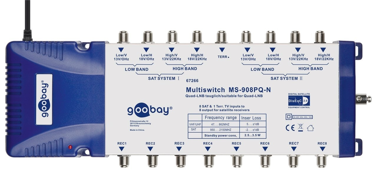 Goobay SAT-Multischalter 9 Eingänge/8 Ausgänge - Verteiler für max. 8 Teilnehmer von zwei Satelliten