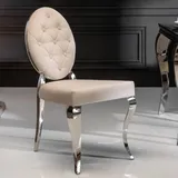 Eleganter Stuhl MODERN BAROCK beige Samt Knöpfe Edelstahlbeine Samtstuhl
