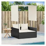 vidaXL Doppel-Sonnenliege mit Dach und Vorhängen Schwarz Poly-Rattan