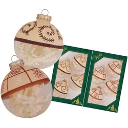 Krebs Glas Lauscha Bi-Color Creme / Glasklar 7cm Glaskugeln mit braunen Zweigen und Sternengitter