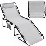 COSTWAY Sonnenliege mit Kopfstütze & Seitentasche, klappbare Gartenliege mit verstellbarer Rückenlehne, Strandliege bis 200kg 188x69x41cm Grau - Grau
