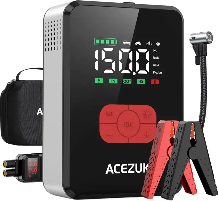 ACEZUK 7000A Starthilfe Powerbank mit 150 PSI Luftkompressor für alle Benziner & 12L Diesel, 12V Batteriebooster mit Kabeln & LED-Licht