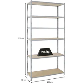 Proregal Schwerlastregal Giant Muli HxBxT 250 x 120 x 30 cm 6 Fachböden Fachlast 200 kg Grau