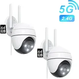 2er-Set 5MP WIFI Kamera Outdoor 2.4G&5G WLAN IP Überwachungskamera Aussen Farbnachtsicht mit 64GB Speicher Karte - Weiß