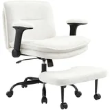 IWMH Bürostuhl mit Fußstütze, Ergonomisch Drehstuhl mit klappbare Armlehnen, Höhenverstellbar ADHS Kniestuhl, Teddystoff - Weiß - Weiß