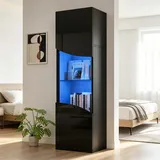 Merax Vitrinenschrank Hochglanz mit LED-Beleuchtung, Modern Glasvitrine Stehend mit Glastüren und Glasablagen, Hochschrank Sammlervitrine Bücherregal Standvitrine für Wohnzimmer Büro, Schwarz, 165cm