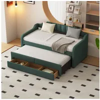 Flieks Daybett, Schlafsofa Tagesbett 90x200cm mit Schubladen und Ausziehbett 90x190cm grün