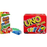 Mattel Games 52370 - Skip-BO Kartenspiel und Familienspiel geeignet für 2 - 6 Spieler, Spiel ab 7 Jahren & K0888 - UNO Deluxe, in exklusiver Verpackung mit Punkteblock, Sammlerdose, ab 7 Jahren