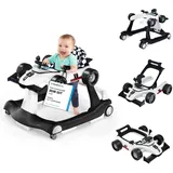 COSTWAY 4 in 1 Lauflernhilfe, Lauflernwagen klappbar mit einstellbarer Höhe & Geschwindigkeit, Baby Walker Autoförmig mit Musikbox, Licht & Rädern, Gehfrei Baby ab 6 Monaten, 12kg Belastbar (Weiß)