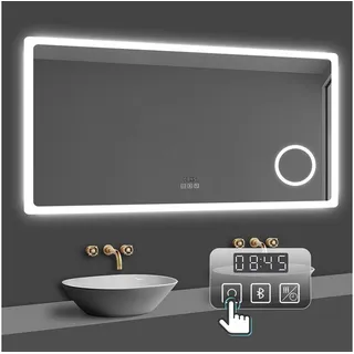 duschspa Badspiegel Kalt/Neutral/Warmweiß Spiegel mit LED Beleuchtung Dimmbar Beschlagfrei, Touch, Bluetooth 5.0, Schminkspiegel, Uhr 100 cm x 60 cm