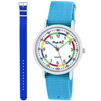 Pacific Time Lernuhr Mädchen Jungen Kinder Armbanduhr 2 Armband hellblau + royal blau analog Quarz 11040